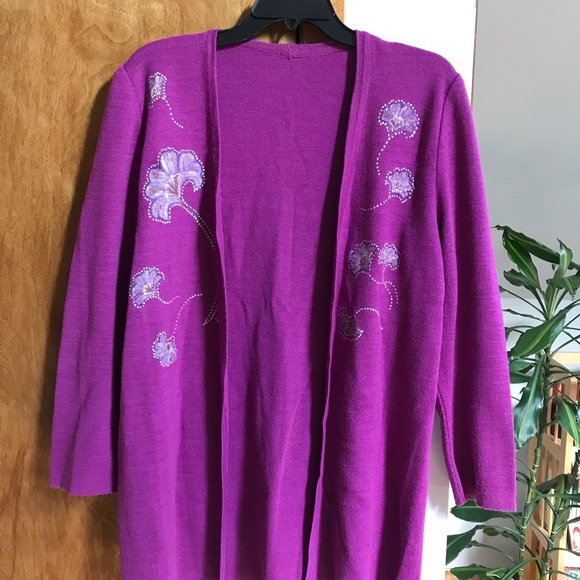 Vintage Hand Painted Pink Knit Sweater Cardigan Long Sleeve Ginkgo Leaves Unique - Picture 3 of 4